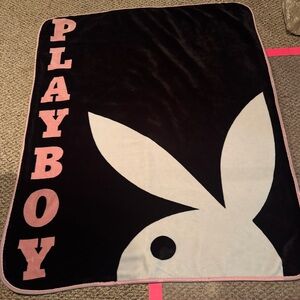 PLAYBOY Blanket, Black with White and Pink Bunny Logo and Pink Writing